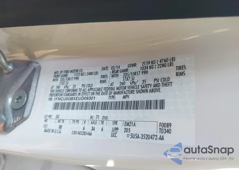 2014 Ford Escape Se из США, поврежденный, VIN 1FMCU0G9XEUD09301